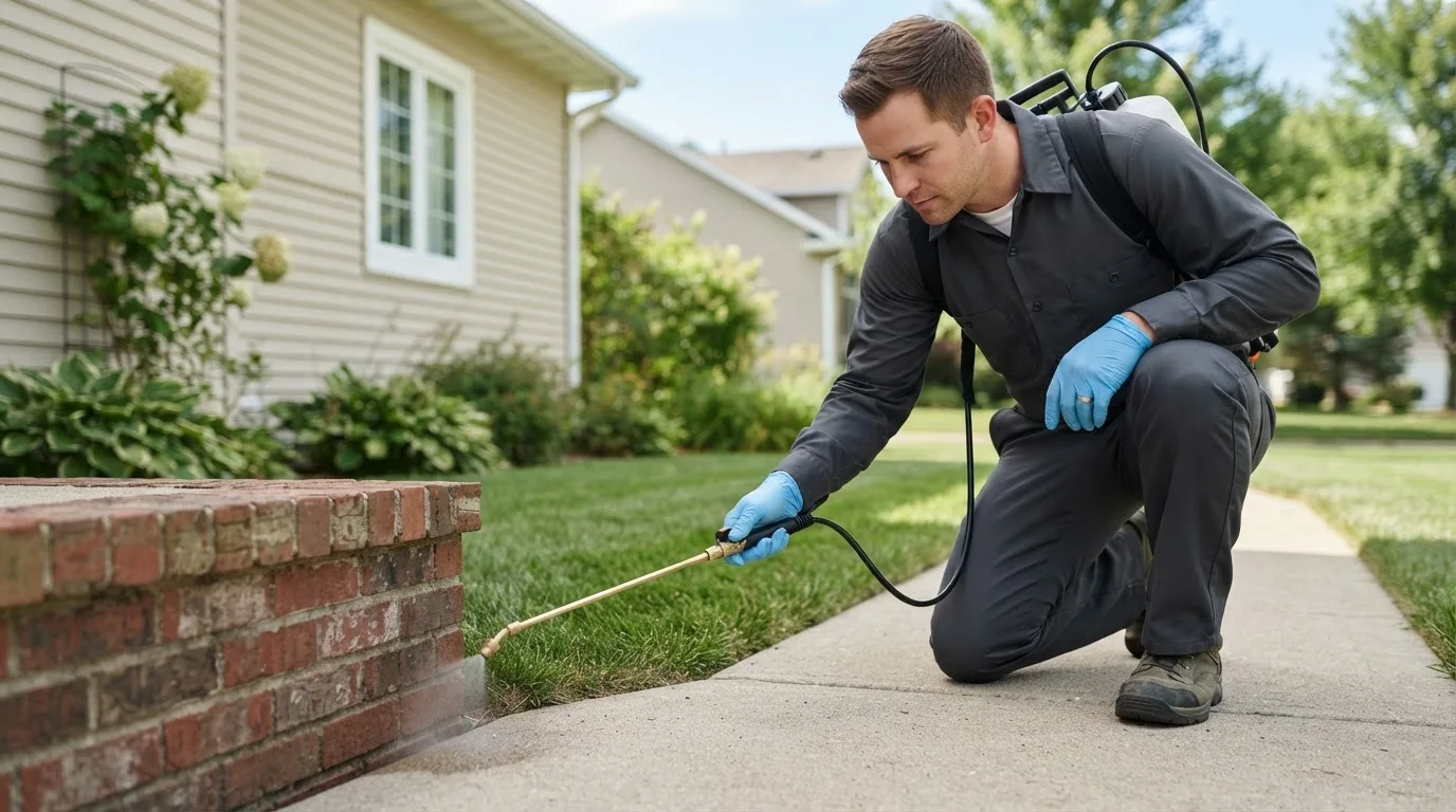 Pest control technician treating a home near Jonesboro, ME